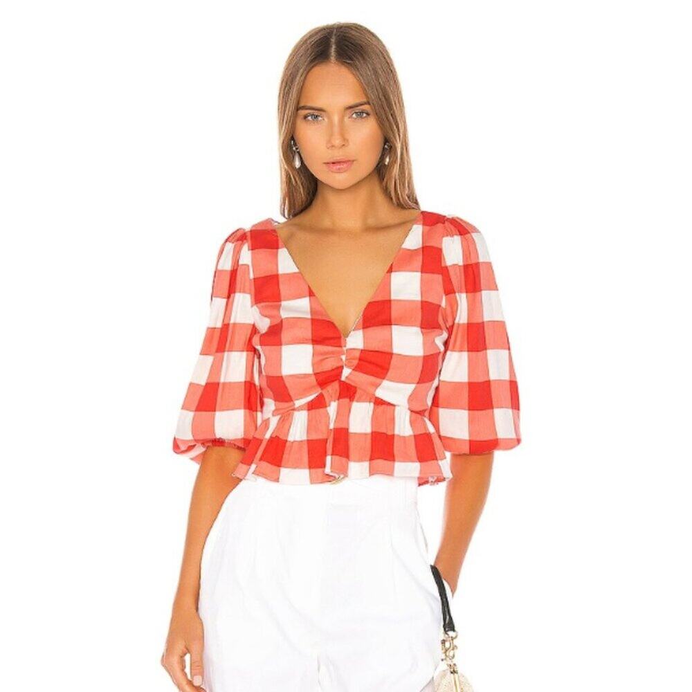 Lovers + Friends Alba Check Print Puff Sleeve Top